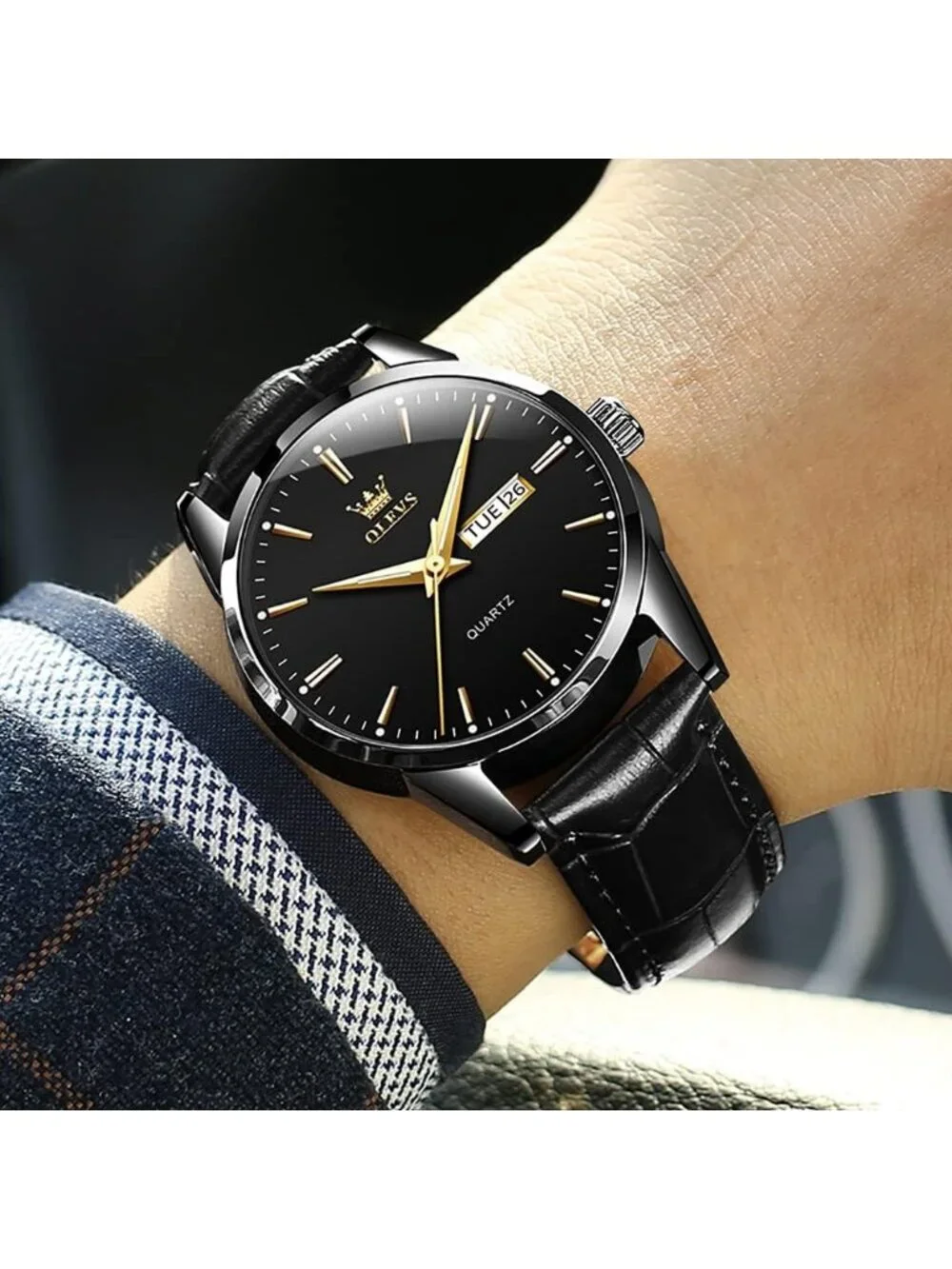 Men's All Black Fashion Quartz Leather Buckle Waterproof Luminous Round Watch